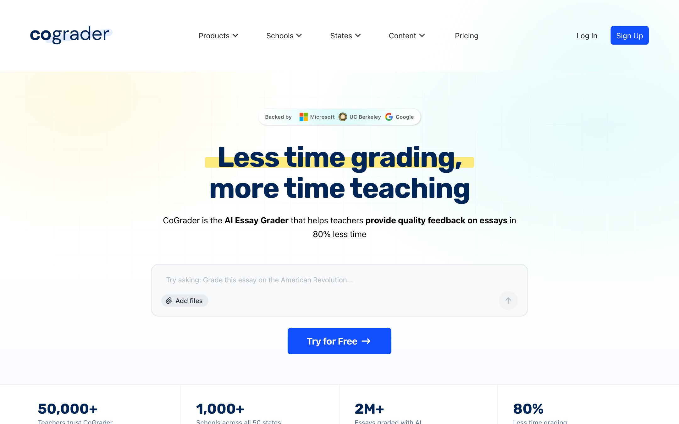 CoGrader's batch grading view — 50 essays in queue, rubric on the right, draft comments inline.